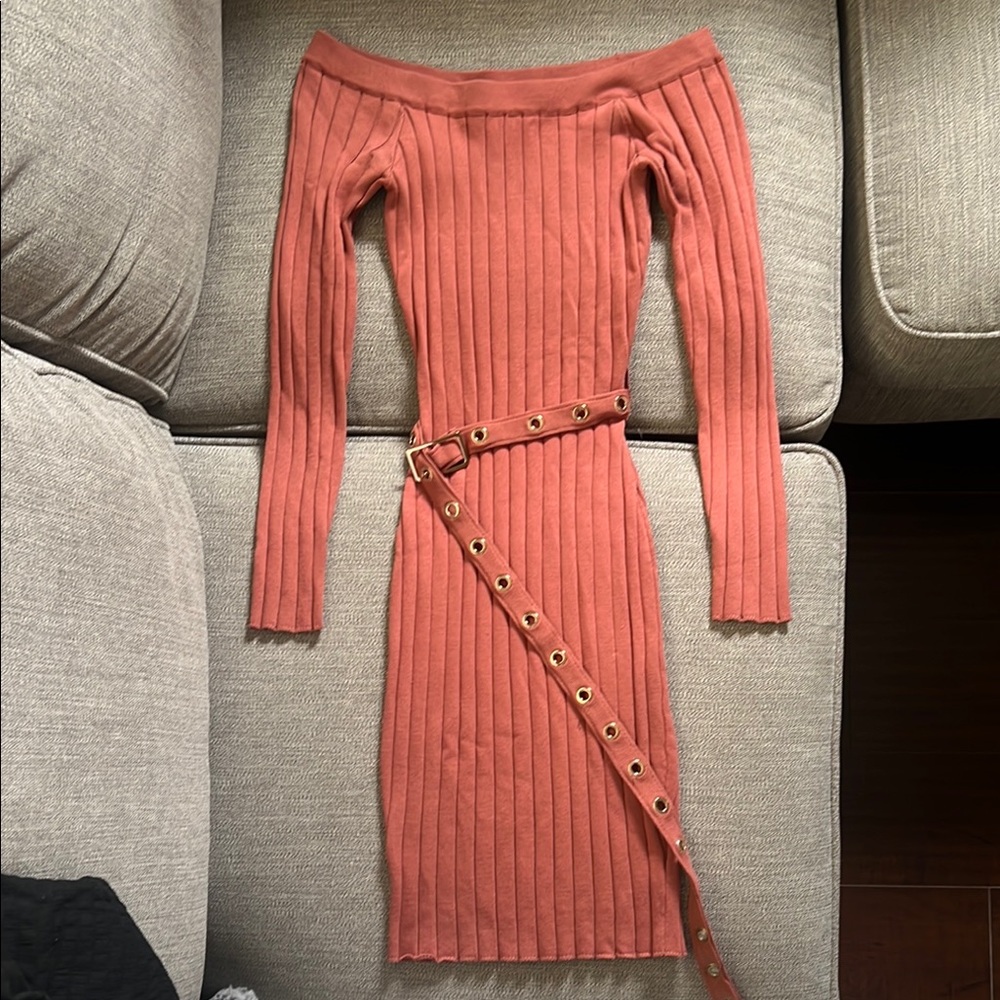 Windsor Off-Shoulder Ribbed Salmon Colored Dress with Belt